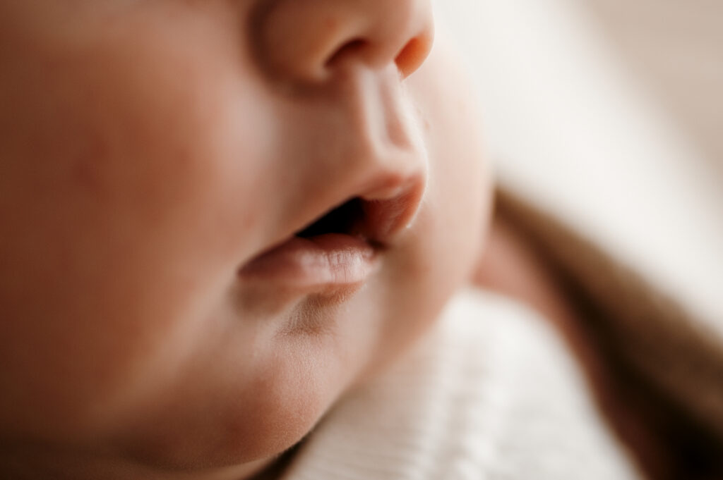 Close up of newborn baby nose and mouth in soft natural light